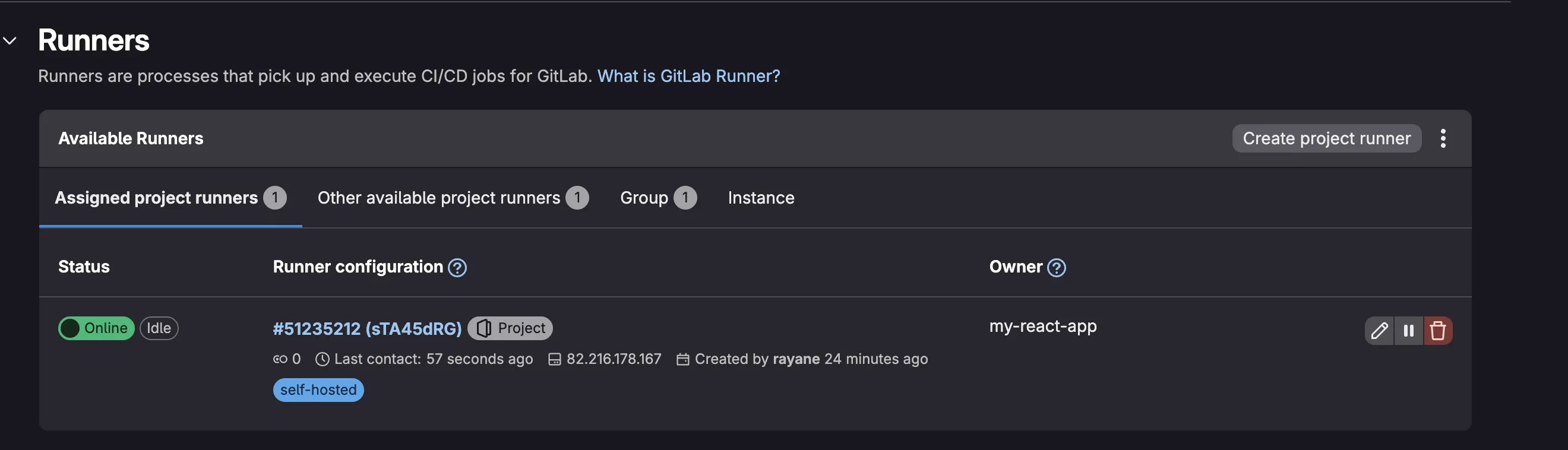 Once the Helm release is deployed, the runner should appear as online in the GitLab project settings. The CI environment is ready to execute pipelines inside the Kubernetes cluster.