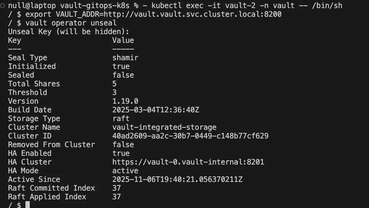 Vault successfully unsealed — the node is active and part of the HA cluster (HA Enabled: true, HA Mode: active)
