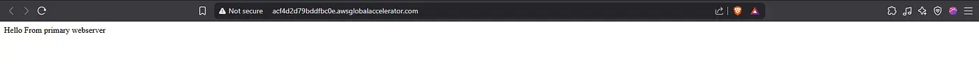 Demonstrates accessing the static IP of the Global Accelerator, receiving the “Hello from primary webserver” response. Confirms end-user access works as expected.
