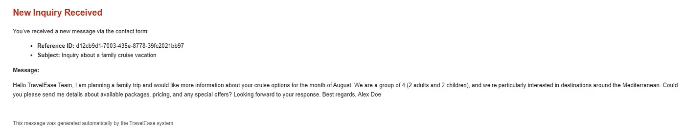 Internal notification email sent to the business team containing the message details.