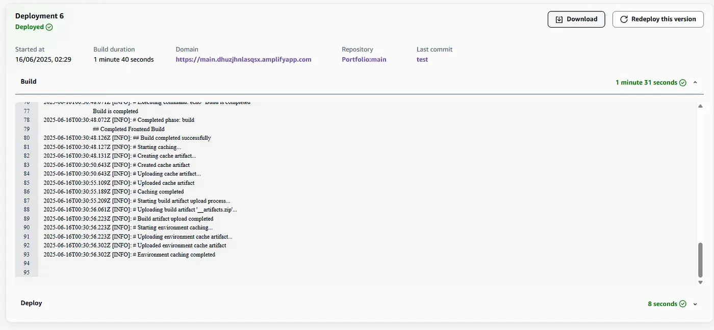 Successful deployment in Amplify triggered by a push to the main branch.