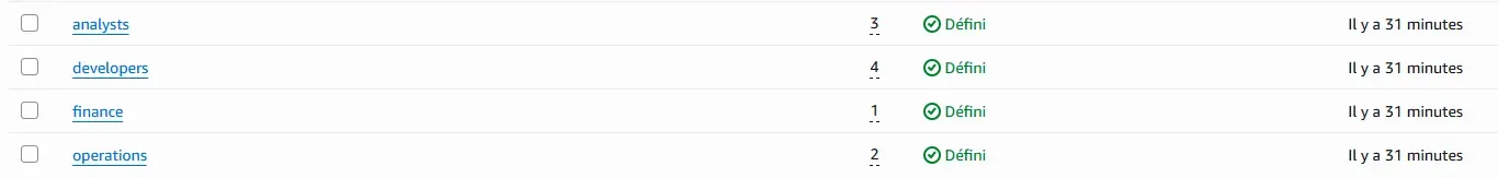 Each group (developers, analysts, finance, operations) shows the correct number of users assigned.