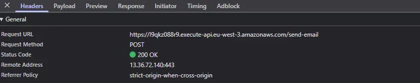 Successful POST request to the /send-email endpoint through API Gateway (200 OK).