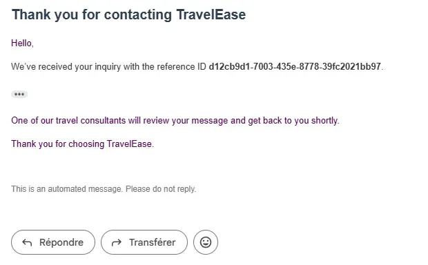 Automated confirmation email sent to the customer after successful form submission.