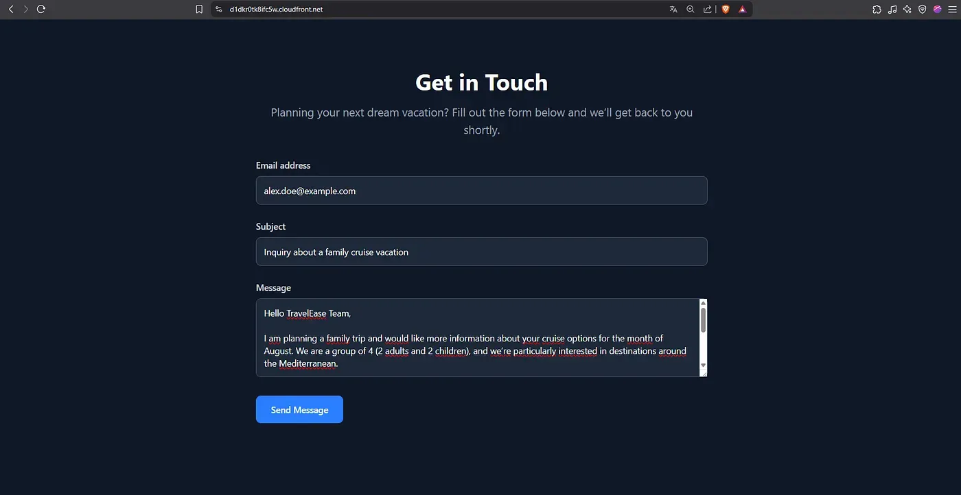 User filling out the contact form hosted on the static website served by CloudFront.