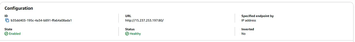 Shows the Route 53 health check returning healthy status for the primary server’s public IP. Confirms AWS is monitoring and validating availability.
