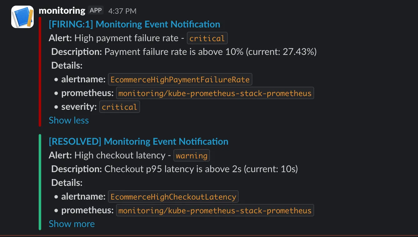 Slack notifications showing fired alerts from Alertmanager.